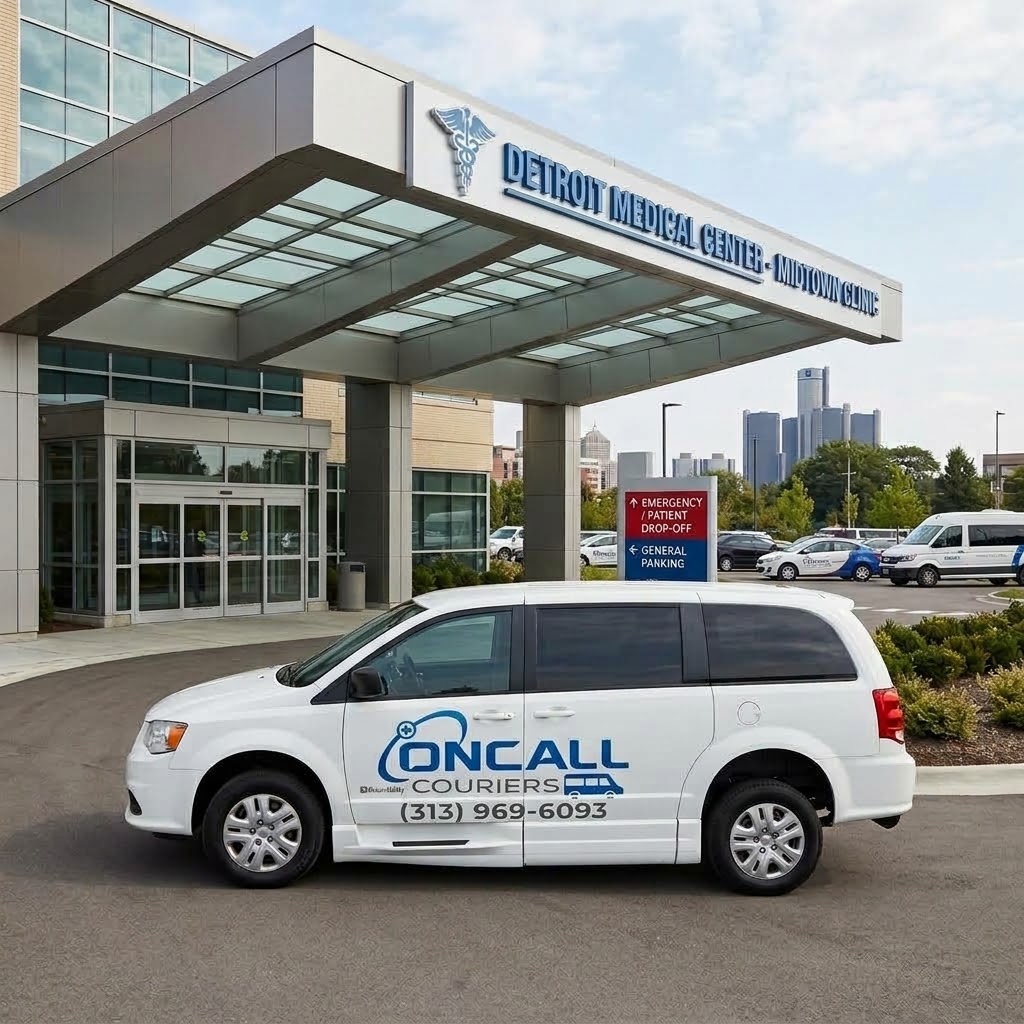 White OnCall Couriers van outside Detroit Medical Center – Midtown Clinic